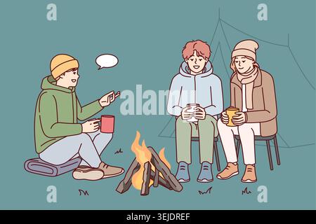 Les jeunes communiquent tout en étant assis autour d'un feu de camp lors d'un voyage en camping dans la nature. Image vectorielle Banque D'Images