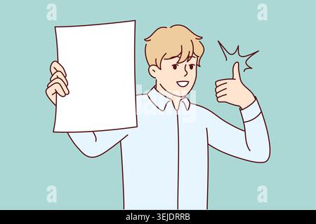 L'homme montre une feuille de papier blanche et lève le pouce vers le haut en recommandant une offre d'investissement cool. Image vectorielle Banque D'Images