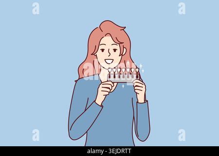 La femme tient le dispositif pour déterminer l'ombre des dents passe le test pour la qualité du dentifrice. Image vectorielle Banque D'Images