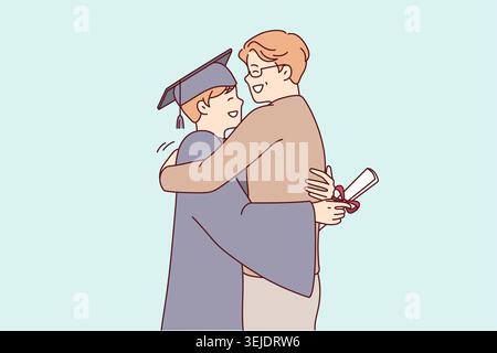 Un jeune homme diplômé de l'université en robe d'université embrasse le père après avoir reçu le diplôme. Image vectorielle Banque D'Images
