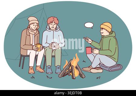 Les jeunes communiquent tout en étant assis autour d'un feu de camp lors d'un voyage en camping dans la nature. Image vectorielle Banque D'Images