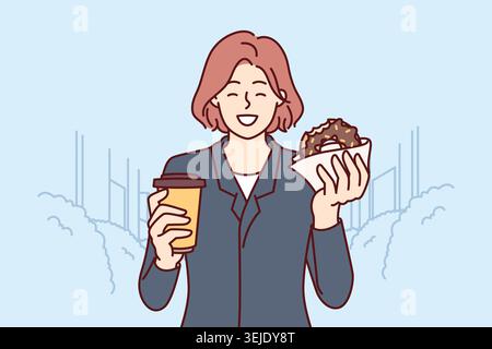 Femme d'affaires ayant un beignet de petit déjeuner et buvant du café debout dans la rue et appréciant le dessert Banque D'Images