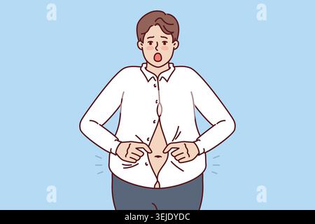 Gros homme avec grand ventre essaie de boutonner la petite chemise et l'excitation d'être en surpoids Banque D'Images