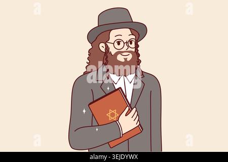 Homme juif avec de longs cheveux et barbe tient le livre torah avec étoile de david sur la couverture Banque D'Images