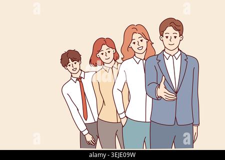 Les gens d'affaires se préparent à la poignée de main debout dans la ligne pour rencontrer l'investisseur et présenter leur propre démarrage. Groupe d'hommes et de femmes d'affaires qui ont besoin de travail attendent Banque D'Images