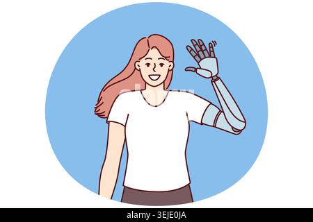Bonne fille vagues prothèse main pour démontrer la nouvelle main mécanique robotique Banque D'Images