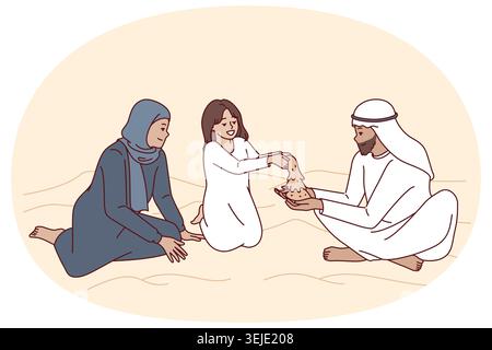 La famille arabe est assise dans le désert avec des dunes, jouant avec la fille avec le sable et profitant d'un week-end commun Banque D'Images
