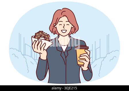 Femme d'affaires ayant un beignet de petit déjeuner et buvant du café debout dans la rue et appréciant le dessert Banque D'Images