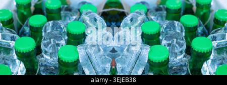 Bouteilles de bière dans les cubes de glace, de nombreux bouchons de bouteille froide dans la boîte, coffre à bière glacée glacée, différentes bouteilles froides, boissons fraîches de fête d'été dans le réfrigérateur Banque D'Images