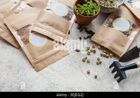 Graines microvertes dans des sacs en papier et équipement pour semer des microvertes. Banque D'Images