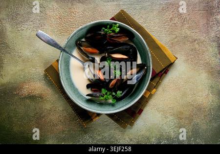 moules en coquilles, en sauce crémeuse à l'ail, moules en sauce béchamel, maison, sans personnes, Banque D'Images