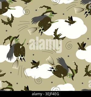 Halloween Seamless Pattern Witch Flying Broom Clouds Spooky Dark Night Magic Birds Vintage Illustration de Vecteur