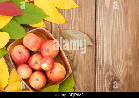 Pommes dans un bol et feuilles d'automne colorées sur fond woden Banque D'Images
