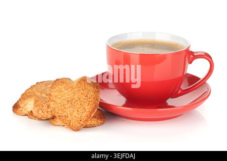 Tasse de café rouge et biscuits en forme de coeur Banque D'Images