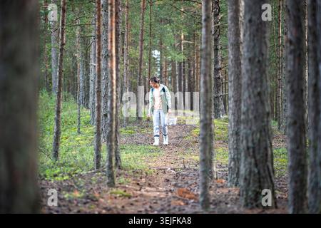 Femme marchant avec le panier et la recherche de champignons le long du chemin forestier. Repos hobby nature Banque D'Images