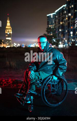 Homme handicapé en fauteuil roulant en bleu rouge néon rgb lumière marchant tard à l'extérieur, restant en bonne santé. Banque D'Images