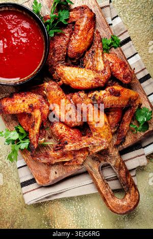 Frit au four, ailes de poulet, avec des épices, sauce tomate, sur une planche à découper, fond gris, pas de gens, fait maison, Banque D'Images
