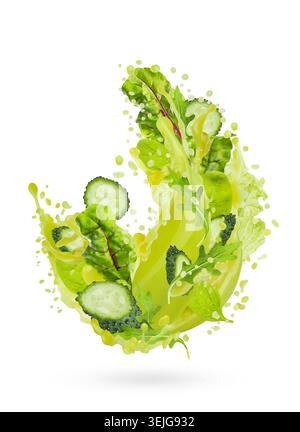 Smoothie de légumes verts frais volent avec des ingrédients - verts, concombre en éclaboussure de jus vert explosion, isolé. Parfait Banque D'Images