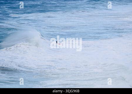 Surfeur chevauchant une grande vague océanique sur une mer bleu vif, scène côtière dynamique Banque D'Images