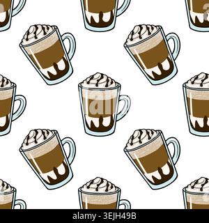 Illustration vectorielle de modèle sans couture de boissons au café glacé avec crème fouettée et filet de chocolat Illustration de Vecteur