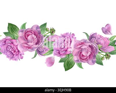 Bordure sans couture aquarelle avec pivoines roses en fleurs, feuilles vertes et pétales. Illustration botanique romantique pour invitations de mariage, papeterie Banque D'Images