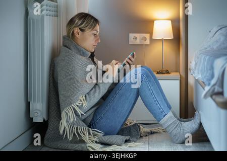 Jeune femme fatiguée couverte de couverture chaude recherche Internet à la recherche d'un emploi pour avoir la possibilité de payer les factures. Femme pensive l Banque D'Images