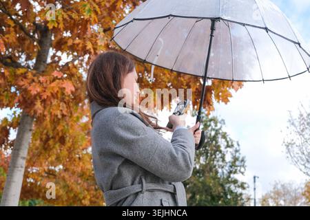 Femme adulte prenant des photos de feuilles d'automne dans le parc ou la forêt debout sous parapluie Banque D'Images