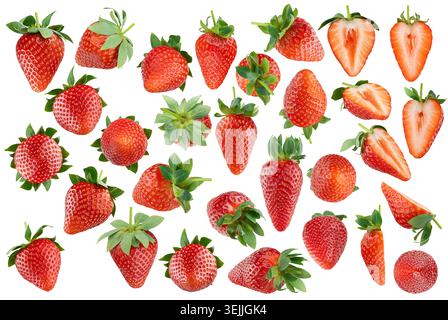 Grande collection de fraises rouges fraîches et savoureuses juteuses avec des tiges vertes, en gros plan, isolées. Entières, moitiés de dsi différentes Banque D'Images