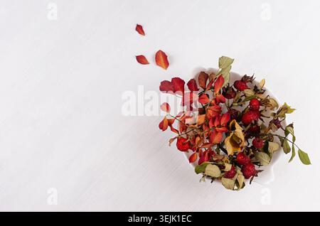 Fond d'automne avec des feuilles rouges séchées de rose musquée, des baies dans un bol de feuilles et des feuilles volantes sur une table en bois blanc, vue de dessus. Banque D'Images