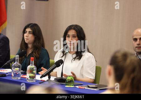 Rana Rahmanfard, diplômée en linguistique appliquée et membre du comité anglo-iranien de la jeunesse, fait des gestes en prenant la parole devant le panel. Des représentants des communautés de jeunes iraniens de toute l'Europe se sont réunis à Bruxelles pour une conférence de presse intitulée « Iran : vague d'exécutions politiques - la responsabilité de l'UE et les options politiques ». Au cours de l'événement, des militants des droits de l'homme et des dirigeants d'associations de jeunes ont présenté une déclaration conjointe signée par plus de 1 000 jeunes Iraniens appelant l'Union européenne à mettre fin aux exécutions politiques en Iran, à reconnaître le droit du peuple iranien au changement démocratique, Banque D'Images