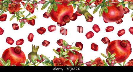 Aquarelle bordure sans couture avec grenades, fleurs, feuilles vertes et graines rouges vives dispersées. Illustration pour emballage, tissu, papier peint, affiches, cosmétiques et produits biologiques. Banque D'Images
