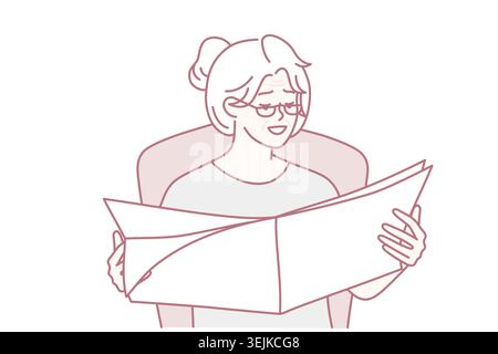 Une femme âgée aux cheveux gris lit les journaux avec les dernières nouvelles, assise dans un fauteuil confortable. Image vectorielle Banque D'Images