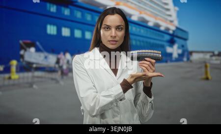 Jeune femme dentiste tient le guide de teinte dentaire et inspecte l'échantillon de dent à Port Street près du quai tout en portant la blouse de laboratoire ; concentration clinique. Banque D'Images