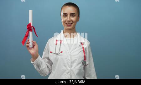 Femme médecin tient le rouleau de diplôme attaché avec ruban rouge et porte le stéthoscope en studio ; fierté de réalisation. Banque D'Images