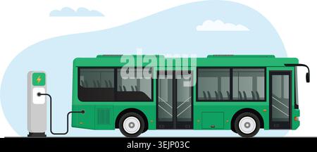 Un bus public électrique vert est branché à une station de recharge pour soutenir les déplacements urbains propres. Illustration de stock. Illustration de Vecteur