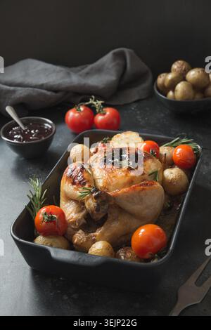 Poulet rôti avec pomme de terre sur table noire. Banque D'Images