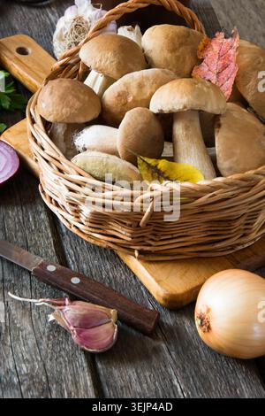 Champignons blancs frais de la forêt dans le panier pour la cuisson. Banque D'Images