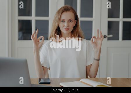 Femme confiante gestes OK assis au bureau dans l'appartement. Femme d'affaires adulte moyenne réussie. Banque D'Images