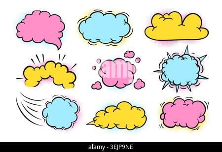 Nuage de pensée rétro comique pop art. Bulles de dialogue en demi-teinte, nuages de dialogue, blobs de pensée, effets d'explosion. Vintage 80s 90s autocollants de bande dessinée pour les impressions. Illustration de communication vectorielle Illustration de Vecteur