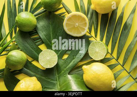 Motif tropical de fruits, banane, citron vert, feuilles de palmiers sur jaune. Vue de dessus. Vacances d'été. Visite détox. Banque D'Images
