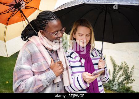Divers amis parlant et partageant smartphone sous parapluies Banque D'Images