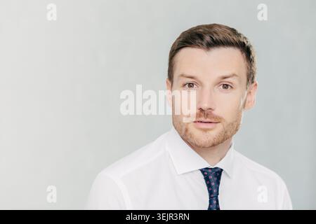 Attrayant freelance masculine avec une expression sérieuse confiante, travaille à distance, habillé dans une élégante chemise blanche avec cravate, isolé Banque D'Images