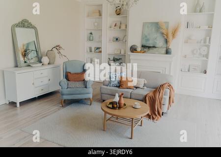 Intérieur lumineux et confortable du salon avec canapé gris cheminée fauteuil bleu construit dans des étagères décor neutre et lumière naturelle douce Banque D'Images