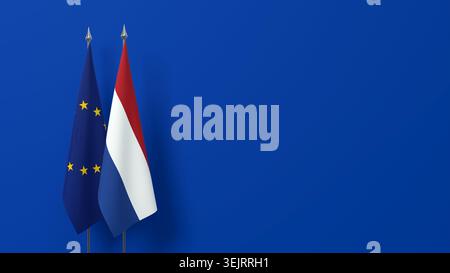 Fond avec deux drapeaux sur les stands, les pays-Bas et l'Union européenne, sur fond bleu - rendu 3D. Banque D'Images