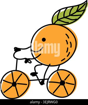 Fruit orange avec feuilles rides tricycle. Style doodle simple, expression amicale et joyeuse. Idéal pour les enfants, la santé ou les conceptions à thème écologique. Adapté Illustration de Vecteur