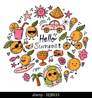 Doodle thème de l'été avec des tranches d'orange souriantes, crème glacée, ballons de plage, lunettes de soleil, palmier, et voiture. Des éléments entourent le texte Hello Summer Illustration de Vecteur