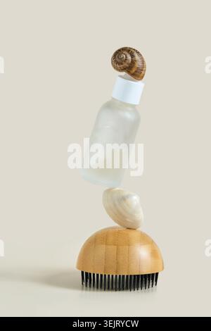 Escargot perché sur une bouteille cosmétique dépolie équilibrée au sommet du coquillage et brosse de bambou sur fond de studio neutre de table, composition de nature morte soulignant les textures naturelles, style minimaliste du produit Banque D'Images