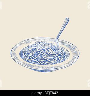 Illustration dessinée à la main d'une assiette de spaghettis avec une fourchette reposant sur le dessus, avec des détails complexes de la conception des pâtes et du plat contre une lumière Illustration de Vecteur