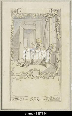 Petite fille assise à une table, XVIIIe siècle. Fille à un cadre de broderie. Un chat joue avec le fil. Espace vide laissé pour le texte. Banque D'Images