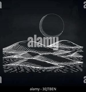 Illustration en noir et blanc de collines ondulantes sous un soleil circulaire, avec des lignes détaillées et des ombres pour créer de la profondeur et de la texture dans le Illustration de Vecteur
